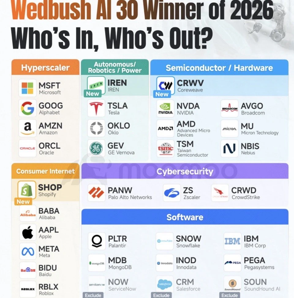 Wedbush点名的 AI 30 强候选名单：谁被时代