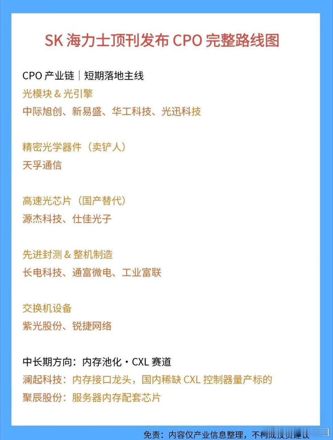 CPO（共封装光学）全产业链环节&公司盘点📡
 
⚠️产业信息整理，不构成投资建议
CPO（共封装光学）：把光引擎和交换机芯片放在同一个封装基板，缩短电信号路径，降低功耗，是AI算力下一代高速互联方案，产业链分为上游光芯片材料→光引擎/无源器件→中游光模块整机→封装设备/基板材料→下游交换机 ​