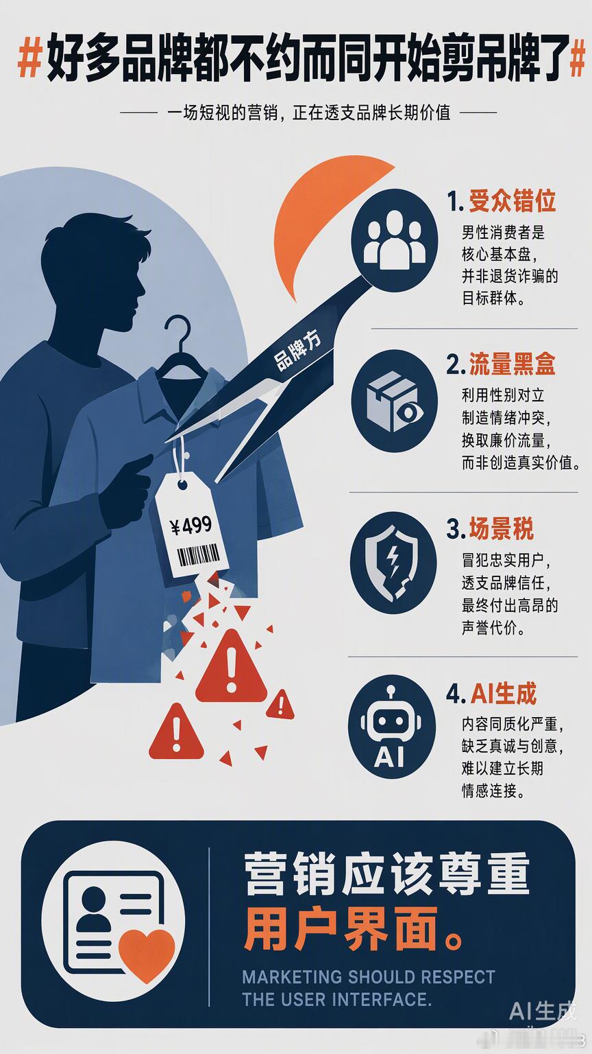 回力、匹克这波剪吊牌广告，逻辑上简直比路边摊拒绝现场开壳卖“土豆榴莲”还离谱。

表面上看是想遏制退货乱象，实则是一场精心设计的“流量黑盒”。品牌方把女装领域高发的“穿完即退”痛点，硬生生安在了核心男性客群头上。这就像给一台主打性能的电脑强行装上了花哨但无用的装饰灯，不仅没解决散热 ​