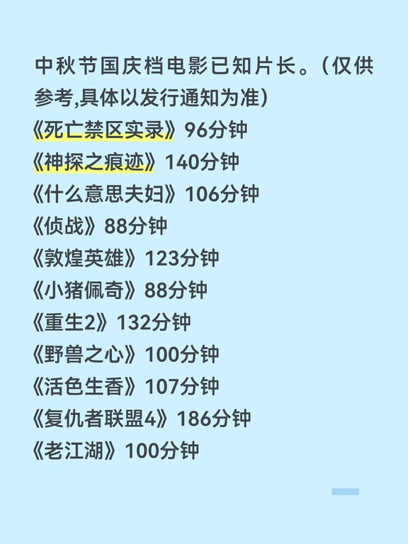 中秋节国庆档电影已知片长。（仅供参考,具体以发行通知为准）
《死亡禁区实录》96分钟
《神探之痕迹》140分钟
《什么意思夫妇》106分钟
《侦战》88分钟
《敦煌英雄》123分钟
《小猪佩奇》88分钟
《重生2》132分钟
《野兽之心》100分钟
《活色生香》107分钟
《复仇者联盟4》186分钟
《老江湖》100分钟 ​​
