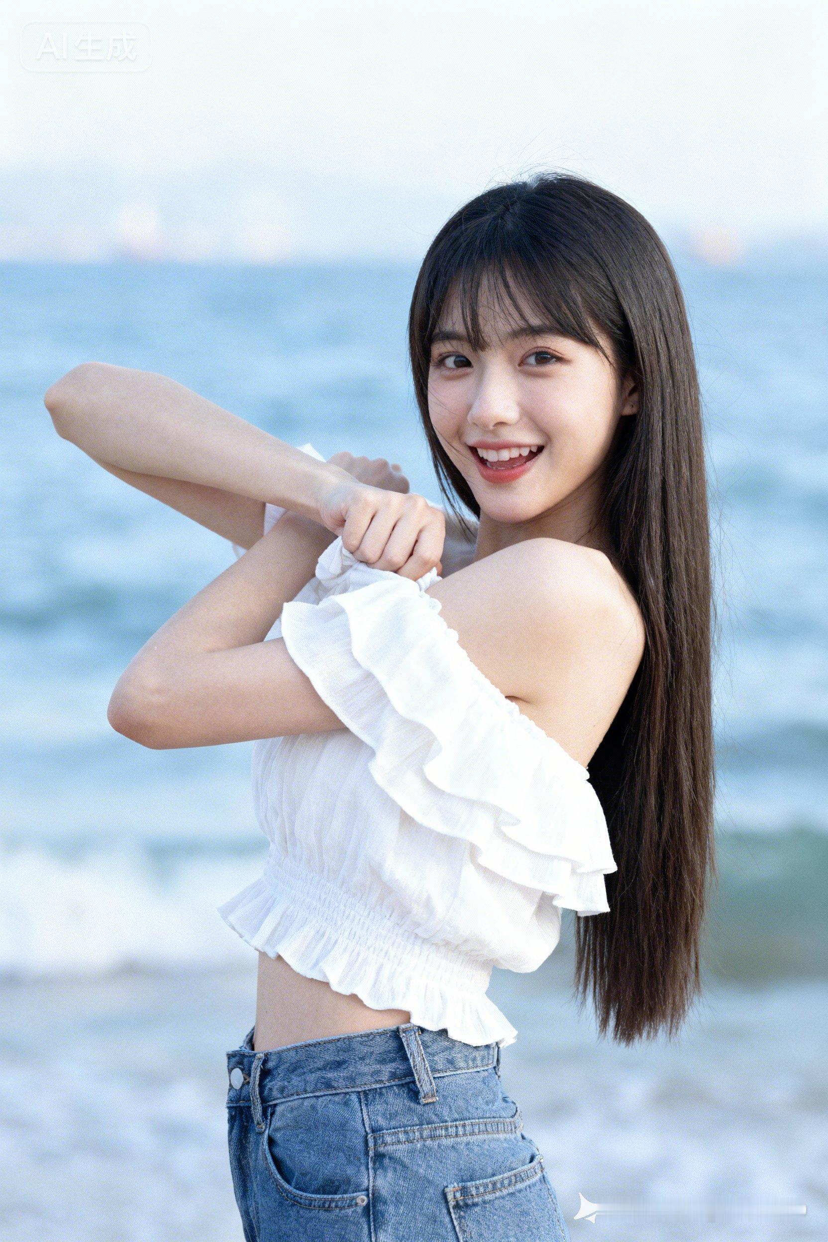 长直发美女身着白色荷叶边露肩上衣，高腰牛仔裤勾勒利落线条。双臂轻抬交叉...