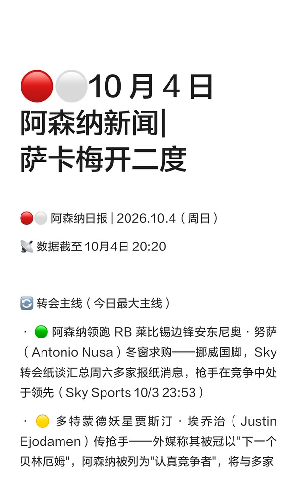 🔴⚪10 月 4 日阿森纳新闻|萨卡梅开二度