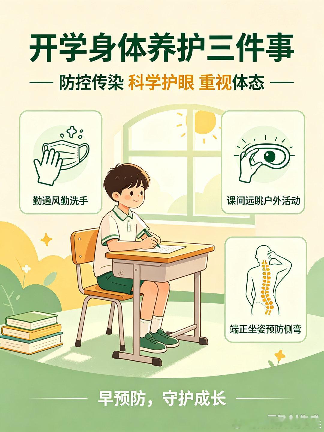 #开学健康第一课#
开学返校，校园集体生活开启，不少健康问题需要提早防范。中国中医科学院广安门医院#关念波医生# 提醒家长和同学们：
 
🍂做好校园传染病防控：教室勤开窗通风，勤洗手，换季及时增减衣物，减少交叉感染风险。
👀重视近视低龄化：减少近距离用眼，课间走出教室远眺，保证户外活动时长，科学护眼。
🪑关注脊柱体态：久坐写作业注意坐姿，避免歪坐趴桌，多做伸展运动，警惕脊柱侧弯，守护孩子正常生长发育。
 #健康科普# 
健康细节藏在日常，早预防胜过事后治疗。
 
#开学健康第一课 ##儿童护眼##生活手记# #2026开学#