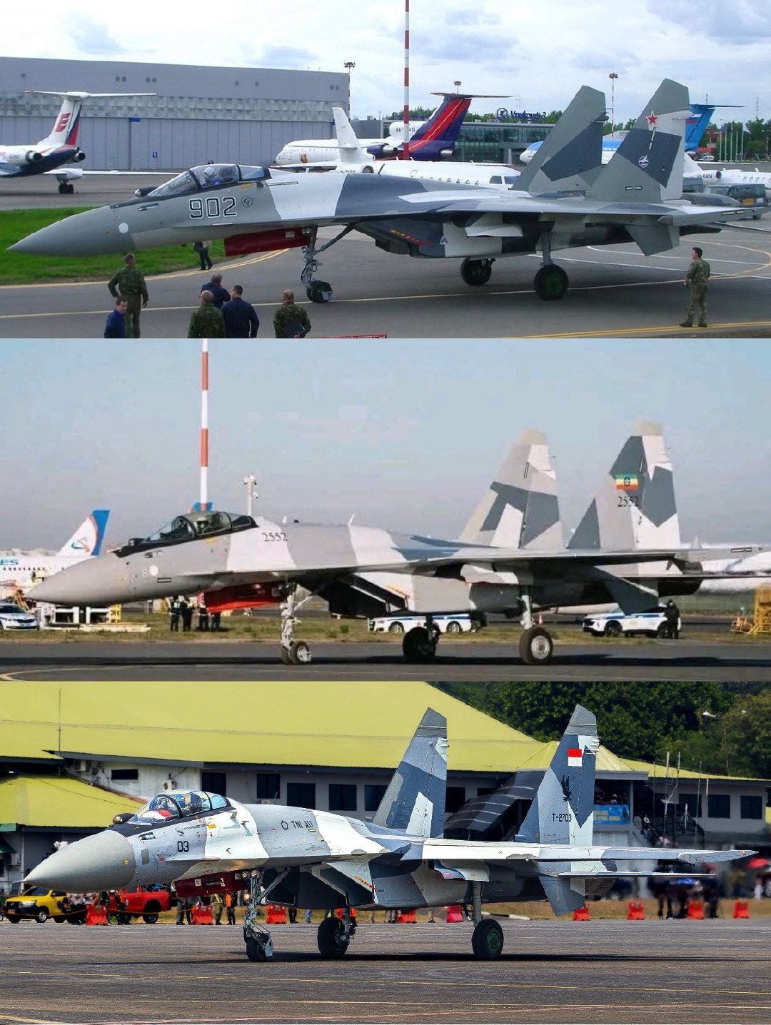 对比之下，埃塞Su-35E采用的几何割裂迷彩跟早年苏霍伊在原型机上用的明显不一样，反而和近期印尼在翻修Su-27SKM时自己刷的那款高度一致#烽火问鼎计划##每天认识一件兵器# ​