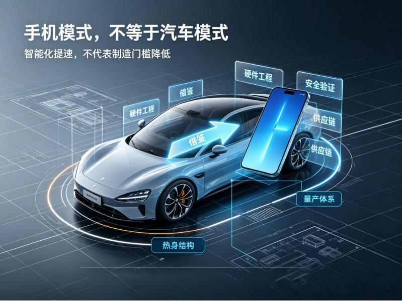 造车，会像造手机一样简单吗

雷军一句造汽车像造手机一样简单，搅动整个行业。手机是高度标准化的电子产品，供应链成熟，研发迭代快。但汽车承载人身安全，法规、底盘、整车可靠性要求完全不在一个维度，二者不能直接等同。智能手机拼芯片、屏幕与软件生态，零件组装逻辑相对清晰。
汽车涉及机械、底 ​