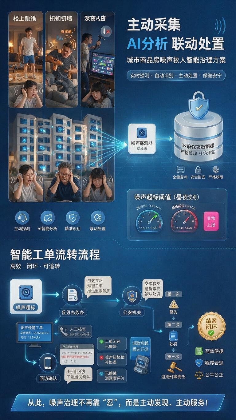 【城市商品房噪声扰民智能治理解决方案，预计降低扰民事件达70%以上，有效提升居民幸福感！】
流程：从探测器→政府服务办→回访电话/短信→公安。
核心思路很简单：像装水电煤气表一样，在每家每户安装噪声探测器。
它实时检测噪声、记录数据、自动上传。
所有数据统一汇入政府保密数据库，严格权限管理，杜绝泄露