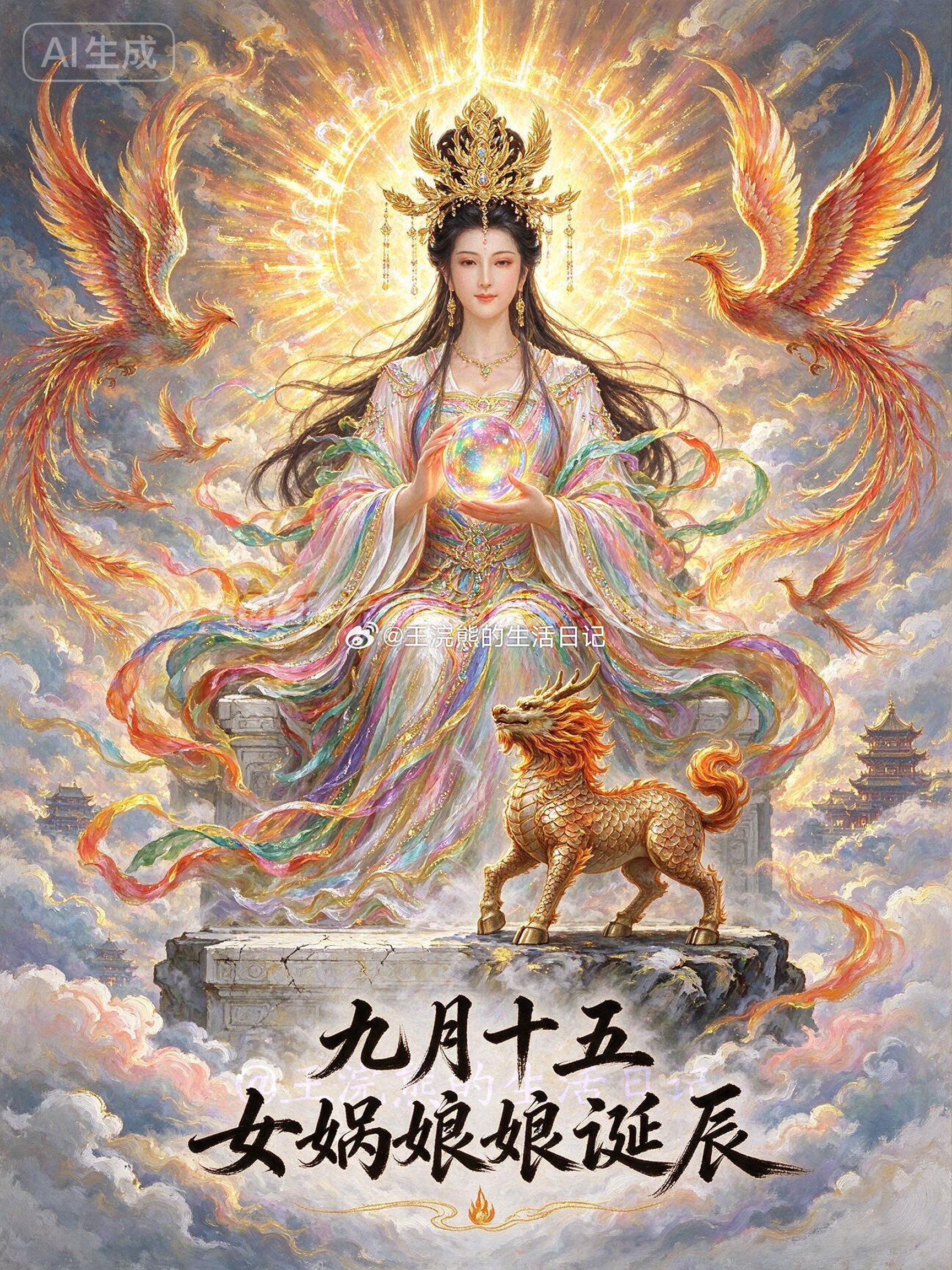 农历九月十五，女蜗娘娘圣诞。

志心皈命礼：抟土造人，化生万物。制礼嫁娶，繁衍人类；创造笙簧，娱乐众生。

炼五色之石以补天，折神鳖之足立四极。

平洪水杀猛兽，广施恩泽惠苍生。

大圣大慈，大悲大愿。

人祖根源，混元无极，娲皇圣母天尊。

女娲娘娘保佑，注能加持花容月貌，美玉无瑕。

（ps ​