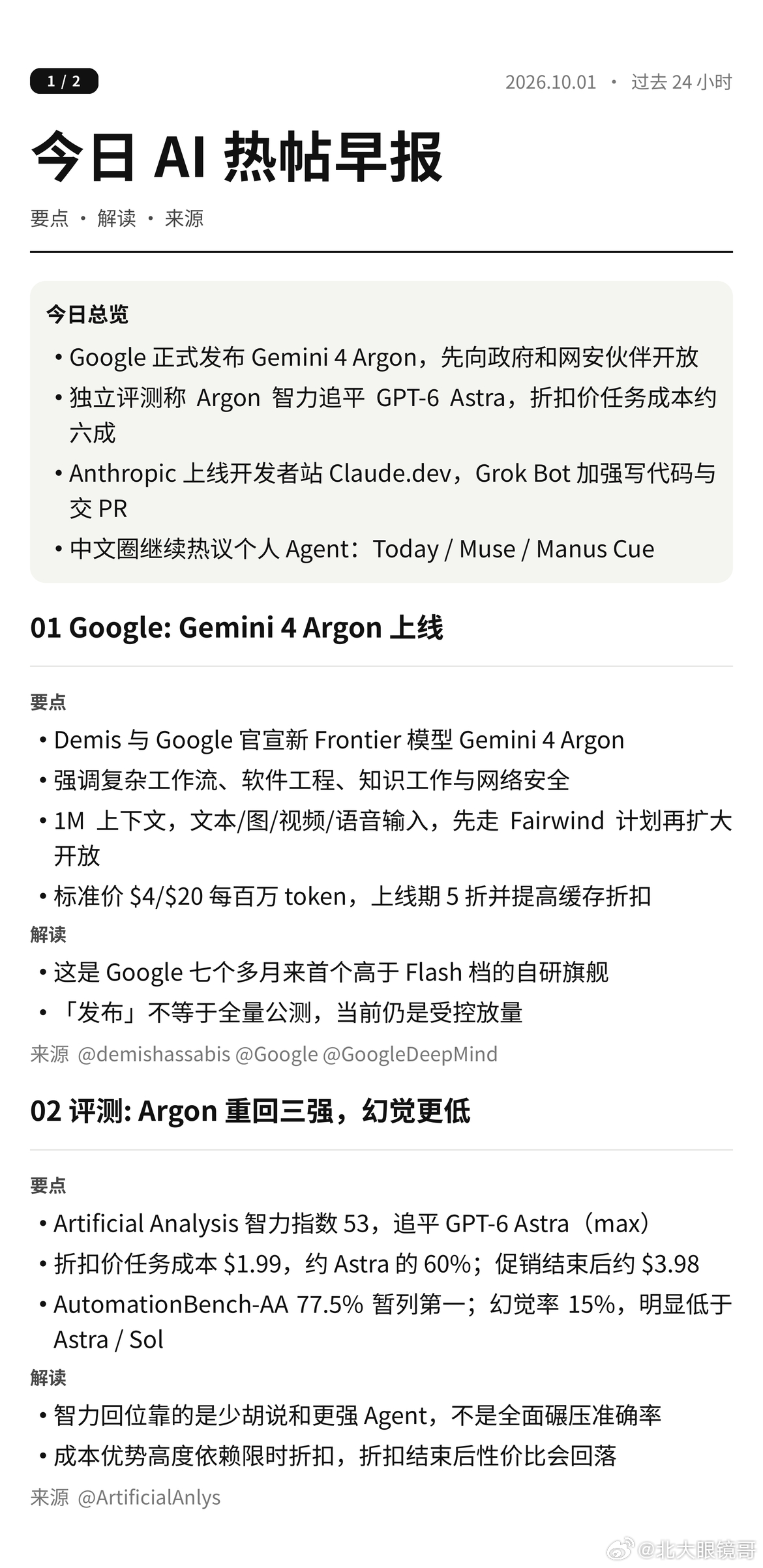 今日 AI 热帖早报 · M.D 🗞️

今天真正的大事只有一件：Google 憋了七个多月，终于放出高于 Flash 档的自研旗舰 Gemini 4 Argon，智力追平 GPT-6 Astra，折扣价任务成本只要六成——促销价而已，结束会回落。

01 先看 Argon 本体。1M 上下文，全模态输入，但目前是受控放量，「发布」不等于谁都能 ​