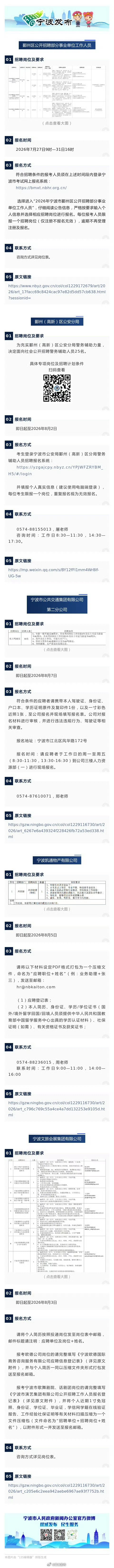 【宁波最新一批招聘来了！】宁波最新一批招聘来了，包括部分鄞州区事业单位...