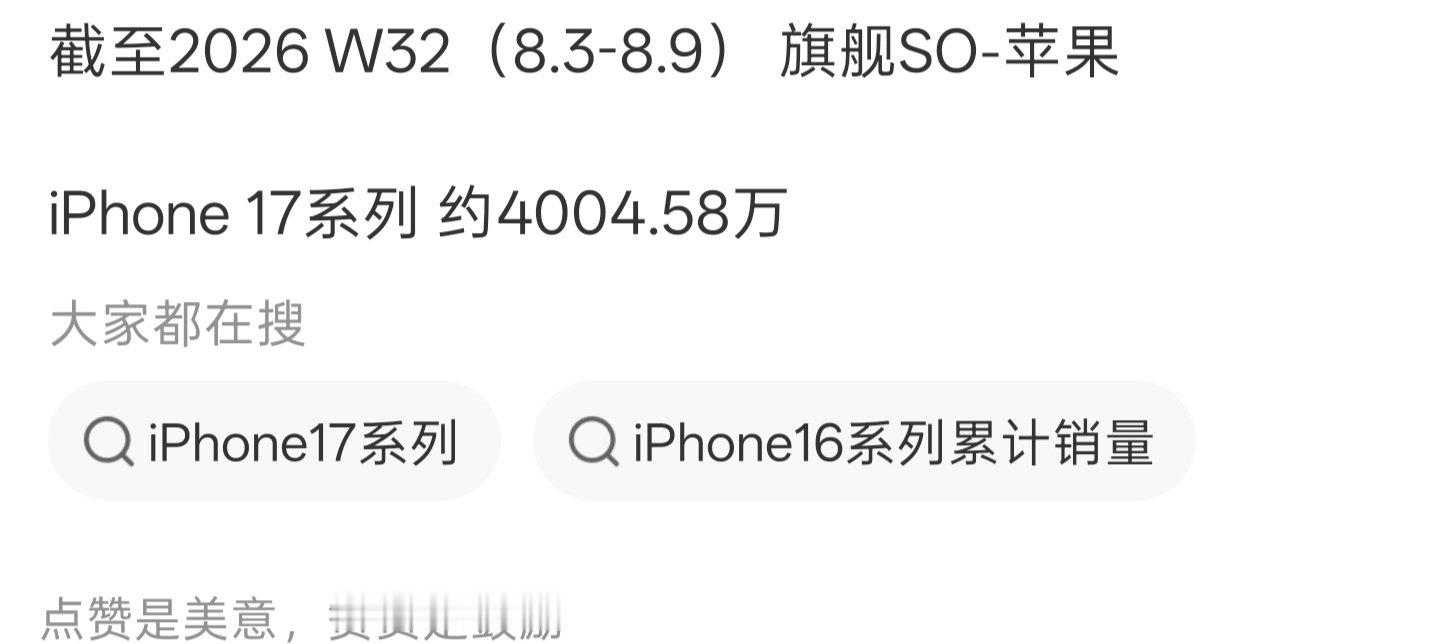 苹果17系列在国内市场出货量突破4000万台，在存储价格上涨的环境下，国产安卓机已经越来越贵，而苹果的价格还是维持之前的价格，卖爆了是必然的。 ​