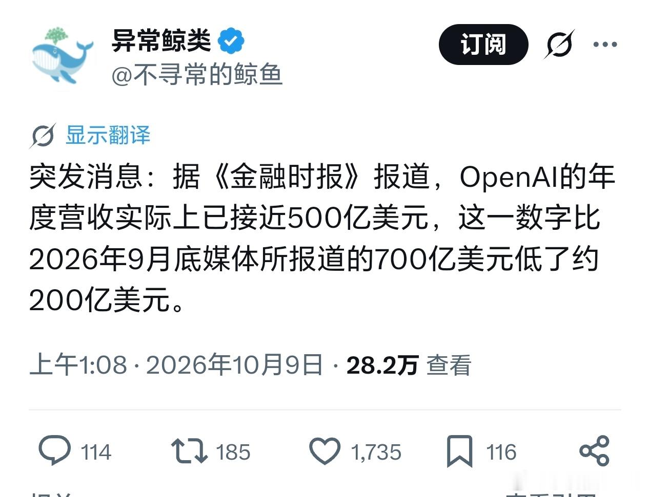 #OpenAI年化营收较预期少200亿美元#

这件事最魔幻的地方在于以下几点:

⚡所有人都知道，这三个月Open AI大幅降价了。

⚡所有人都知道，Open AI通过降价所引发的Token调用量增长，无法覆盖大幅降价带来的营收压力。

⚡尽管以上两点是常识，但市场对Open AI ARR的“主流预期”仍然是700亿美元。

⚡ ​