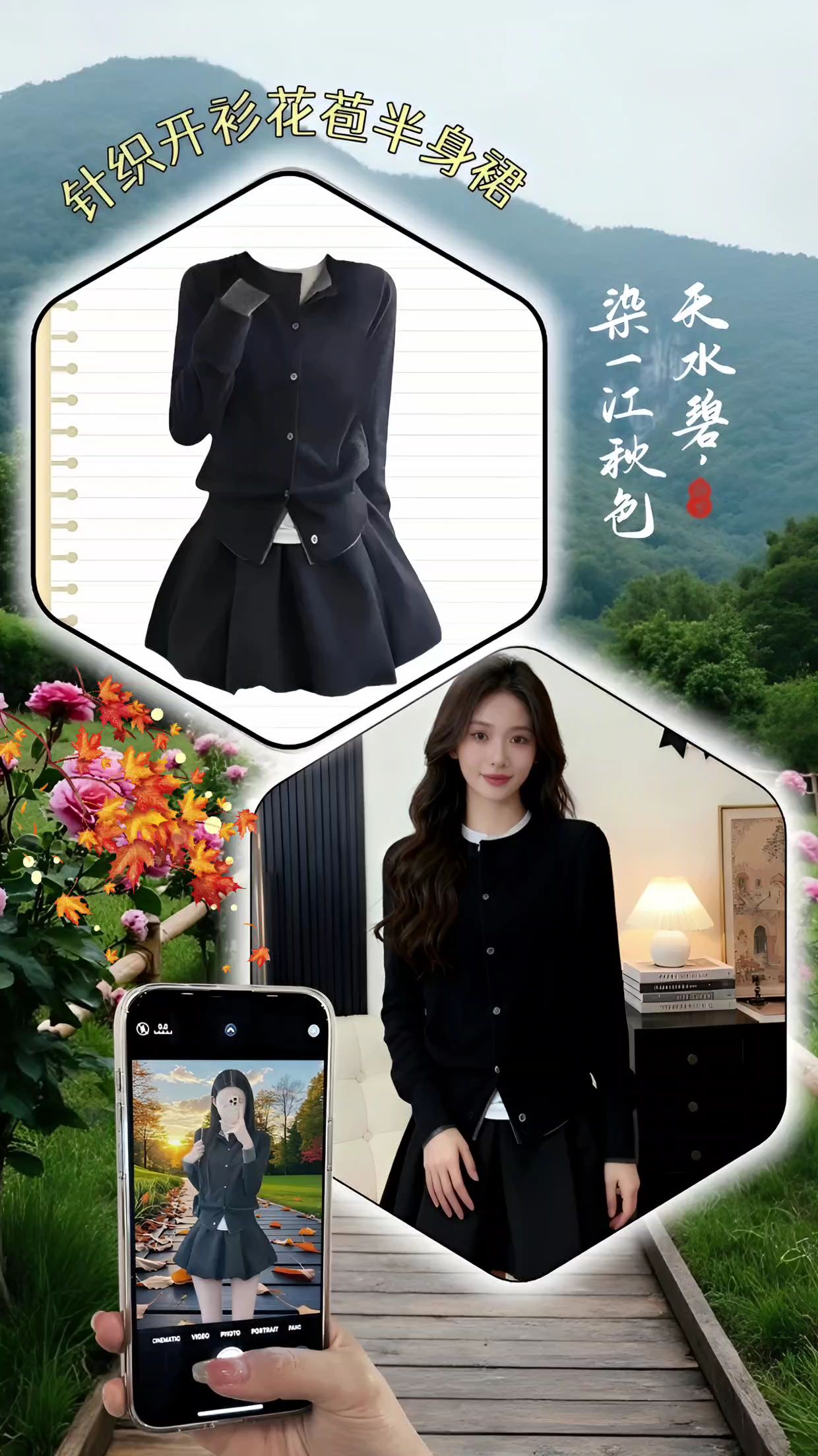 盐系御姐秋季穿搭一整套气质韩系小个子针织开衫花苞半身裙两件套