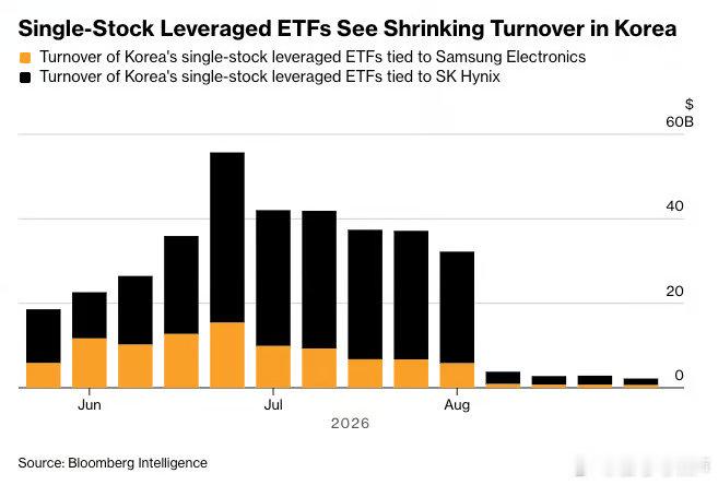 韩国杠杆 ETF

与 Samsung Electronics 和 SK Hynix 挂钩的单股票 ETF 8月迄今累计资金流出约 10 亿美元，预计将首次出现月度资金净流出 ​