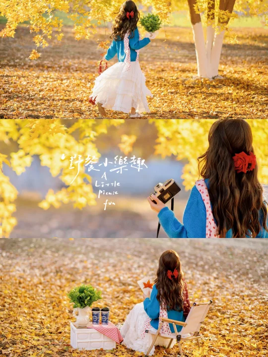 存一些秋天野餐拍照姿势吧|附落叶调色教程