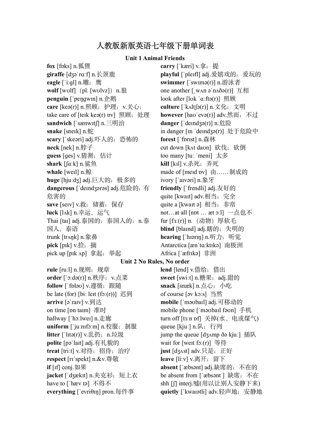 2025七年级下册英语单词表人教版