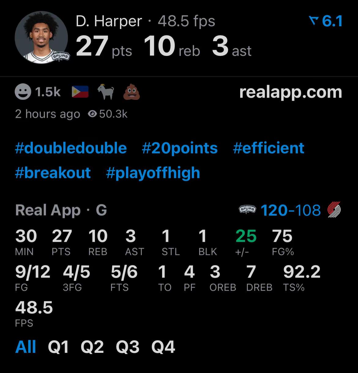 马刺2-1开拓者。没有文班亚马，一年级的哈珀站了出来力挽狂澜，这年轻人！