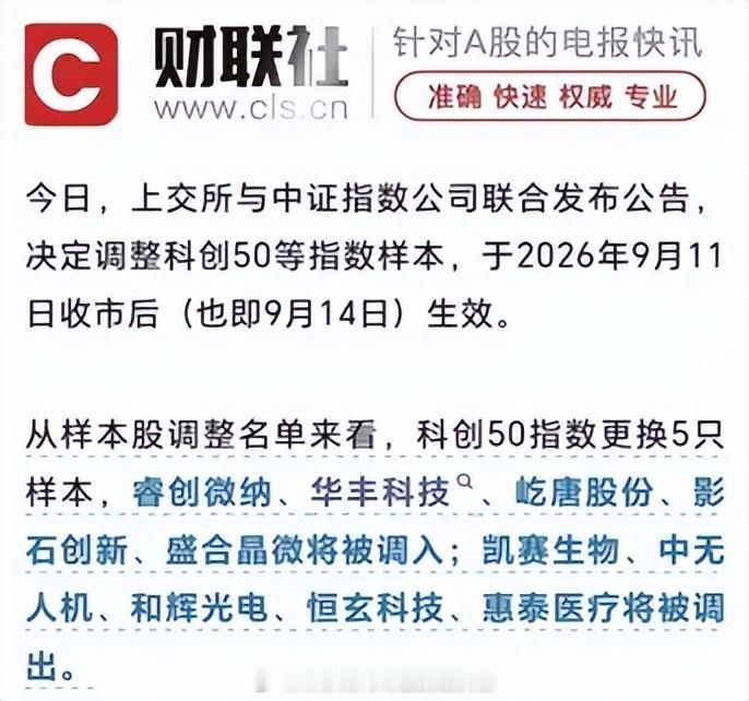 #今日看盘# 长鑫科技，未能入选科创50，是管理层给4万亿市值留的一道防火墙？
          最近力场君看到新闻，上交所与中证指数公司联合公告科创50三季度调样，调入睿创微纳、华丰科技、屹唐股份、影石创新、盛合晶微，而备受市场关注的、上市已经满月的长鑫科技（688825.SH），不仅没能入选，甚至还没 ​