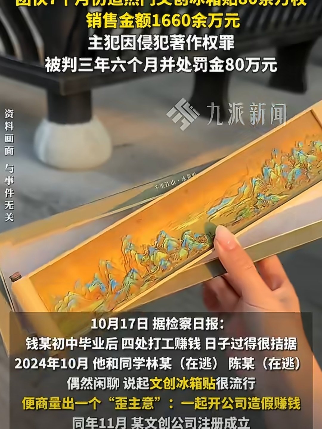 #团伙造假文创冰箱贴80万枚#浙江金东区法院近日宣判一起特大文创造假案，主犯钱某因仿冒故宫、国博等爆款冰箱贴，7个月非法获利710万余元，最终因侵犯著作权罪获刑三年六个月。 ​