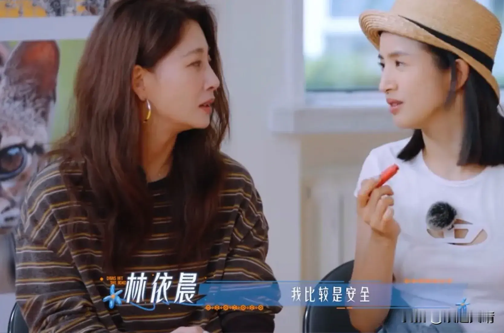 殷桃问林依晨：“旅行你最害怕什么？”林依晨：“安全问题！”殷桃：“你指的安全是？”林依晨：“人身安全。”殷桃：“害，这个不用担心，我保护你！”

《花儿与少年》都是出国录制，到人生地不熟的国外，所以林依晨会有对安全的担心，国外不比国内，特别是安全方面，中国可以说是全世界最安全的国家了。

殷桃会觉得