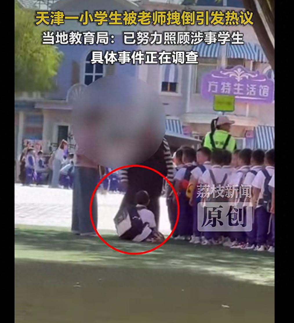 有网友发帖称，天津一学校组织学生外出游玩，一名老师当众训斥一名低年级学生并在将其拽出队伍时，造成学生摔倒在地，该行为引发网友热议。

现场画面里几个穿蓝白校服的小学生正在排队，带队老师突然伸手拉拽其中一人，动作幅度明显过大，孩子直接摔倒在地上，随后才自己爬起来归队。

涉事学校是天津市翔宇力仁学校。