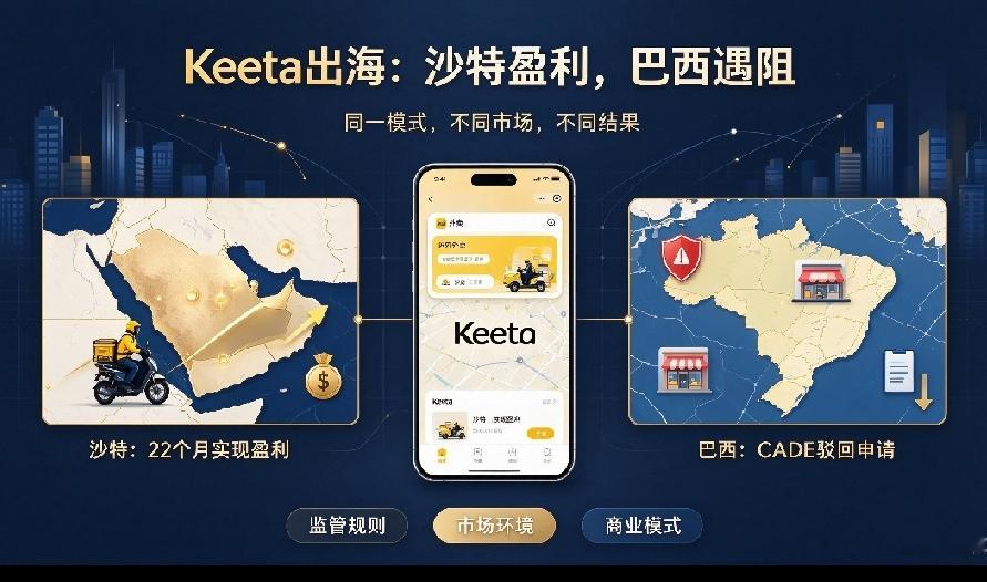 Keeta出海冰火两重天：沙特盈利，巴西遇阻
 
美团旗下外卖平台Keeta出海呈现两极分化局面，进入沙特仅22个月便实现单均经济效益盈利，这份成绩被美团视作海外模式可复制的证明。然而进军巴西市场，平台却遭遇重大挫折。
 
巴西反垄断机构CADE驳回Keeta的申请，拒绝叫停竞品99Food的商户排
