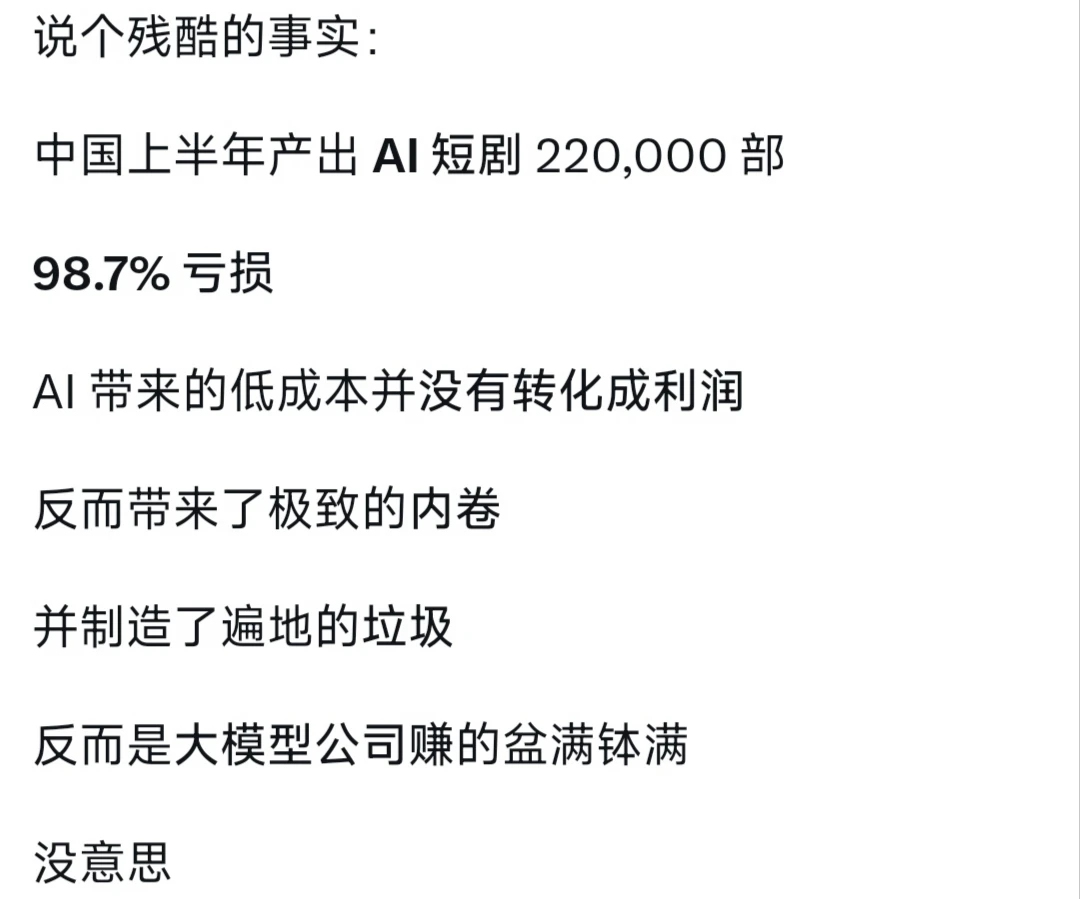 上半年AI短剧220000部，98.7%亏损