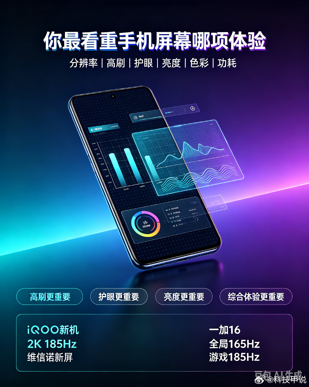 #你最看重手机屏幕哪项体验#现在手机屏幕内卷越来越激烈，各家都在堆硬件参数。

网传iQOO新机将用上维信诺2K 185Hz新屏，一加16做到全局165Hz，游戏场景可触发185Hz高刷。

分辨率、刷新率、峰值亮度、色彩表现、护眼、功耗，各个维度都在迭代，屏幕比拼早已不只是单一参数，转向综合体验的较量。 ​