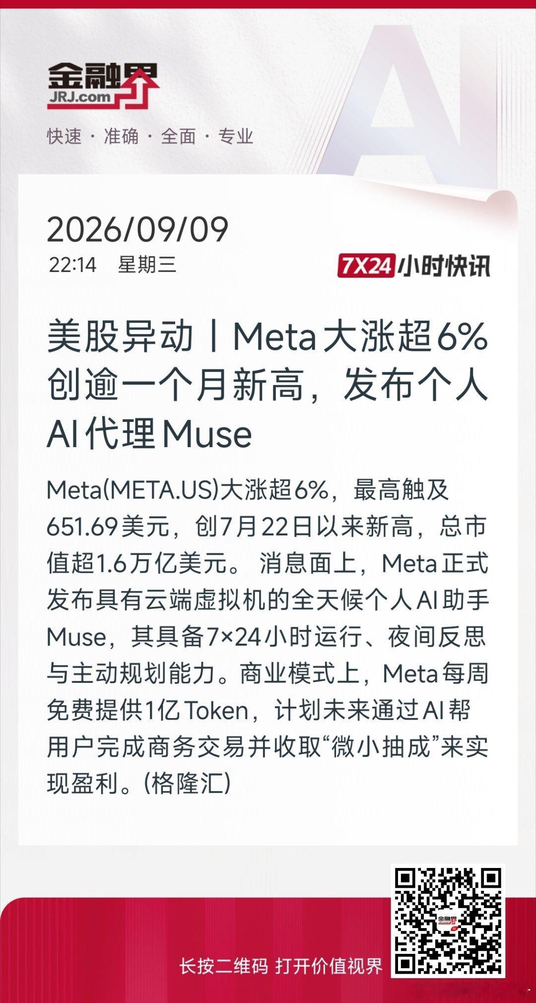 Meta，一个月新高。 ​
