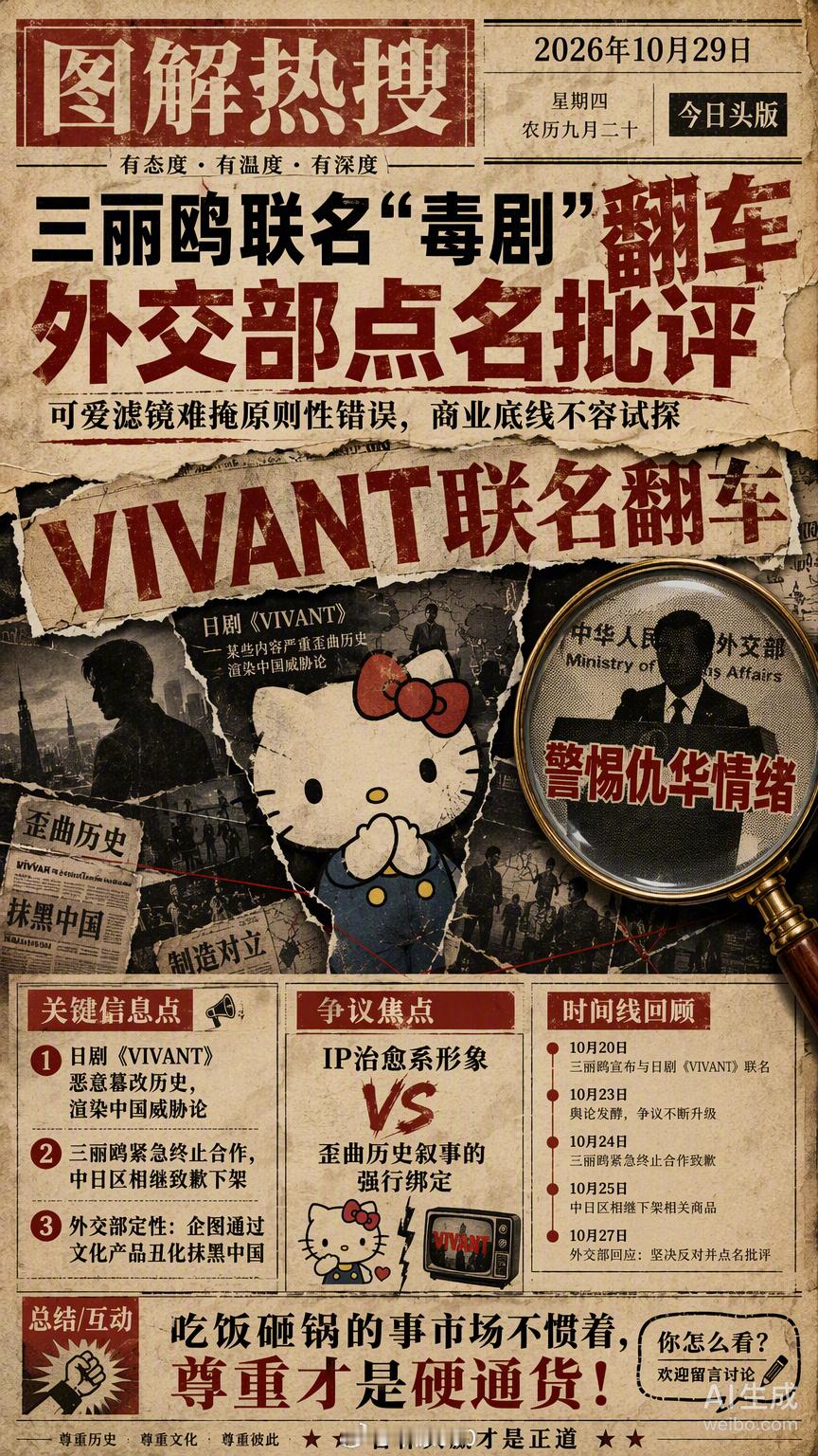 三丽鸥这次联名翻车，本质上是一次严重的歪曲历史事实。日剧《VIVANT》恶意篡改历史、抹黑中国，这种触碰底线的叙事本身就是剧毒。
三丽鸥顶着Hello Kitty的治愈光环与之绑定，相当于在越野穿越时给引擎装了个会自燃的散热器。
外交部点名批评这部日剧，已经把性质从商业纠纷上升到了国家立场的博弈。
 ​