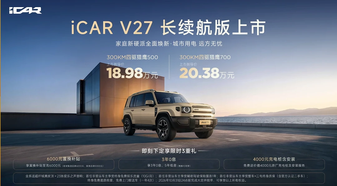 18.98-20.38万 iCAR V27长续航版上市了