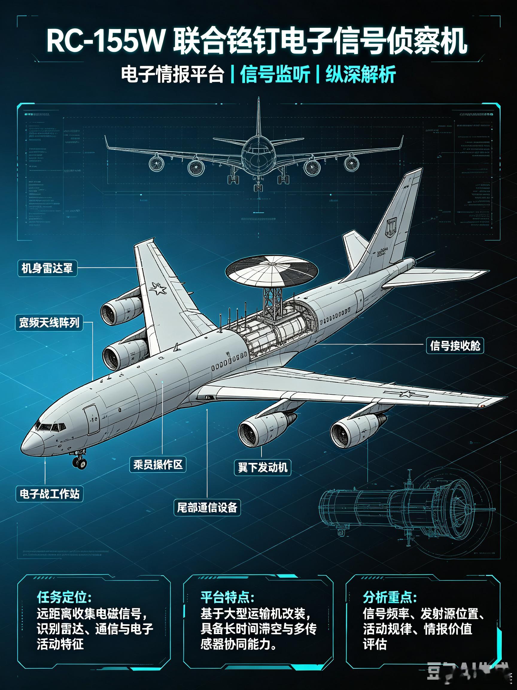 #军事ai新视野# 英国皇家空军RC-135W “联合铆钉（Rivet Joint）” 电子信号侦察机 #ai热力追踪# 
 
英军正式项目名称：Airseeker（寻风者），外界通用代号 Rivet Joint；英国皇家空军51中队装备，全球除美国空军外唯一装备RC-135W的用户，用于替代退役的“猎迷R.1”电子侦察机 。平台源自波音C-135（ ​