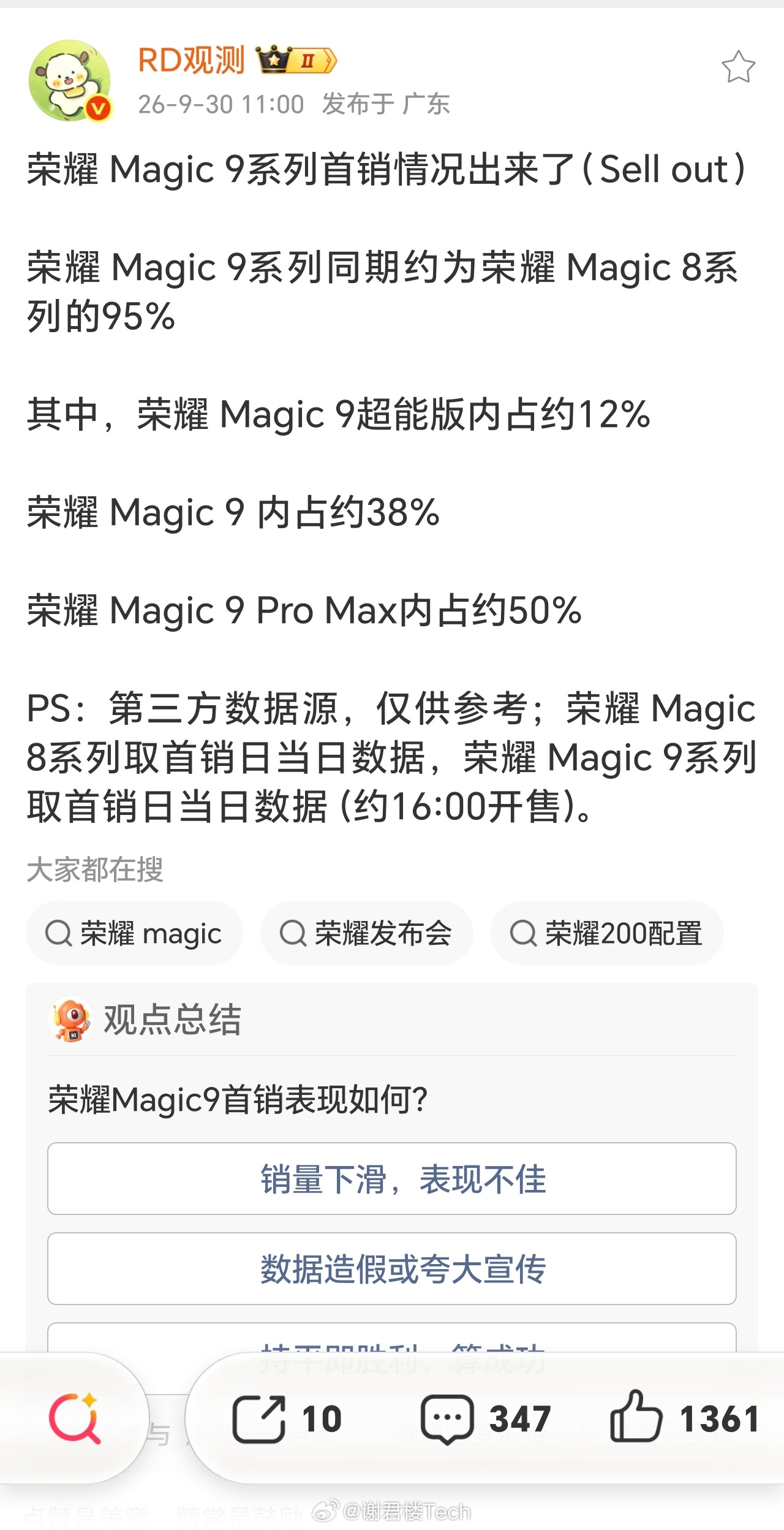 #荣耀magic9# 系列卖的最好的果然是ProMax，足足占了一半。
而且不要看首销日是Magic8系列的95%，可因为Magic8系列是上午10：08开售，Magic9系列是下午16：00开售，那后者开售时间就少了6个小时。
再加上实体店营业时间10：00-22：00，实际开售时间还会进一步缩短。

所以总体同比增长，肯定是没问题的 ​