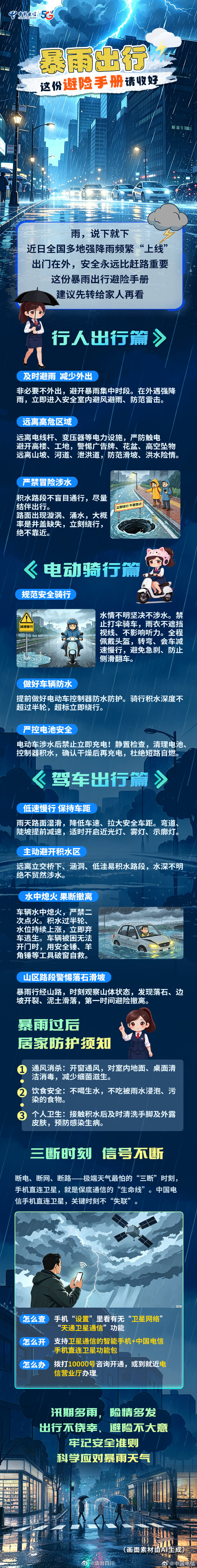 暴雨出行，这份避险手册请收好！via：中国电信 #蜀黍说安全# #安全知识学起来# ​