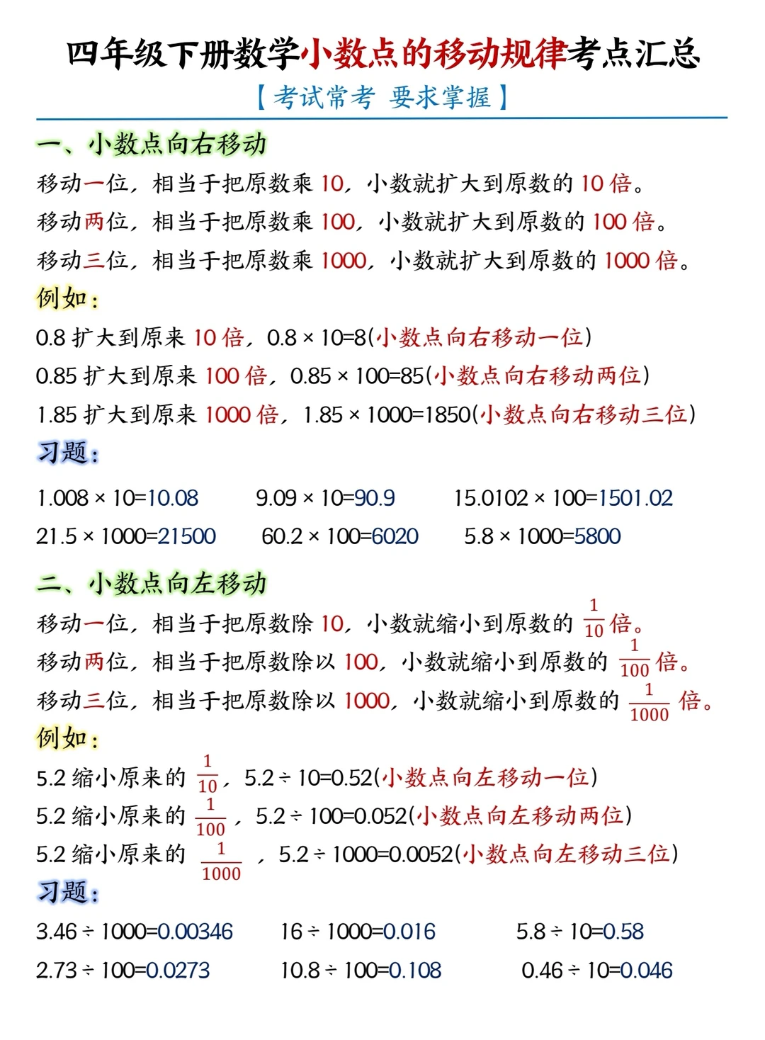 四年级小数单元必须掌握的核心知识点