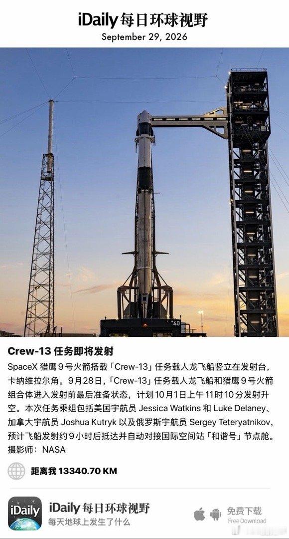 September 29, 2026 - SpaceX 猎鹰9号火箭搭载「Crew-13」任务载人龙飞船竖立在发射台，卡纳维拉尔角。9月28日，「Crew-13」任务载人龙飞船和猎鹰9号火箭组合体进入发射前最后准备状态，计划10月1日上午11时10分发射升空。本次任务乘组包括美国宇航员 Jes ​