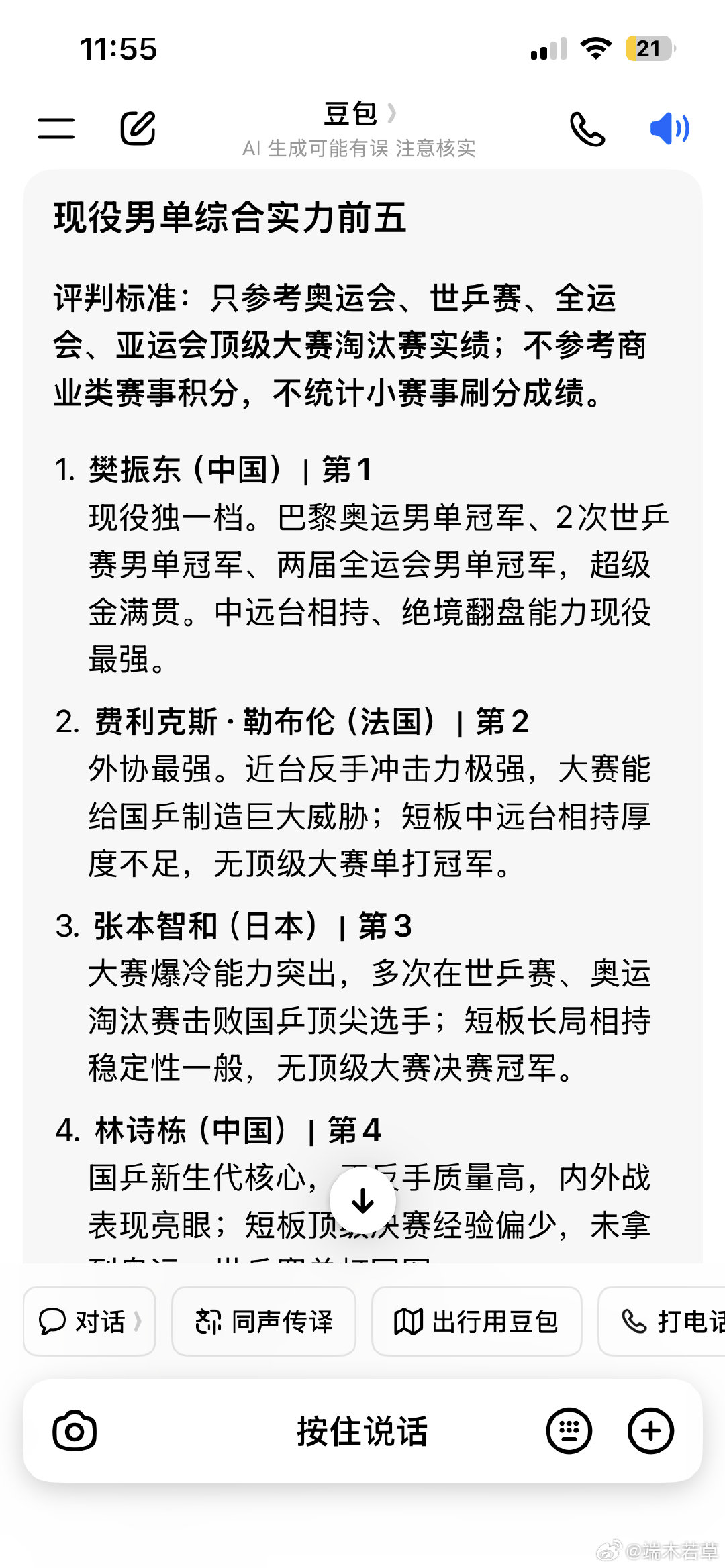 #豆包被问现役国乒男队谁最有实力# ​