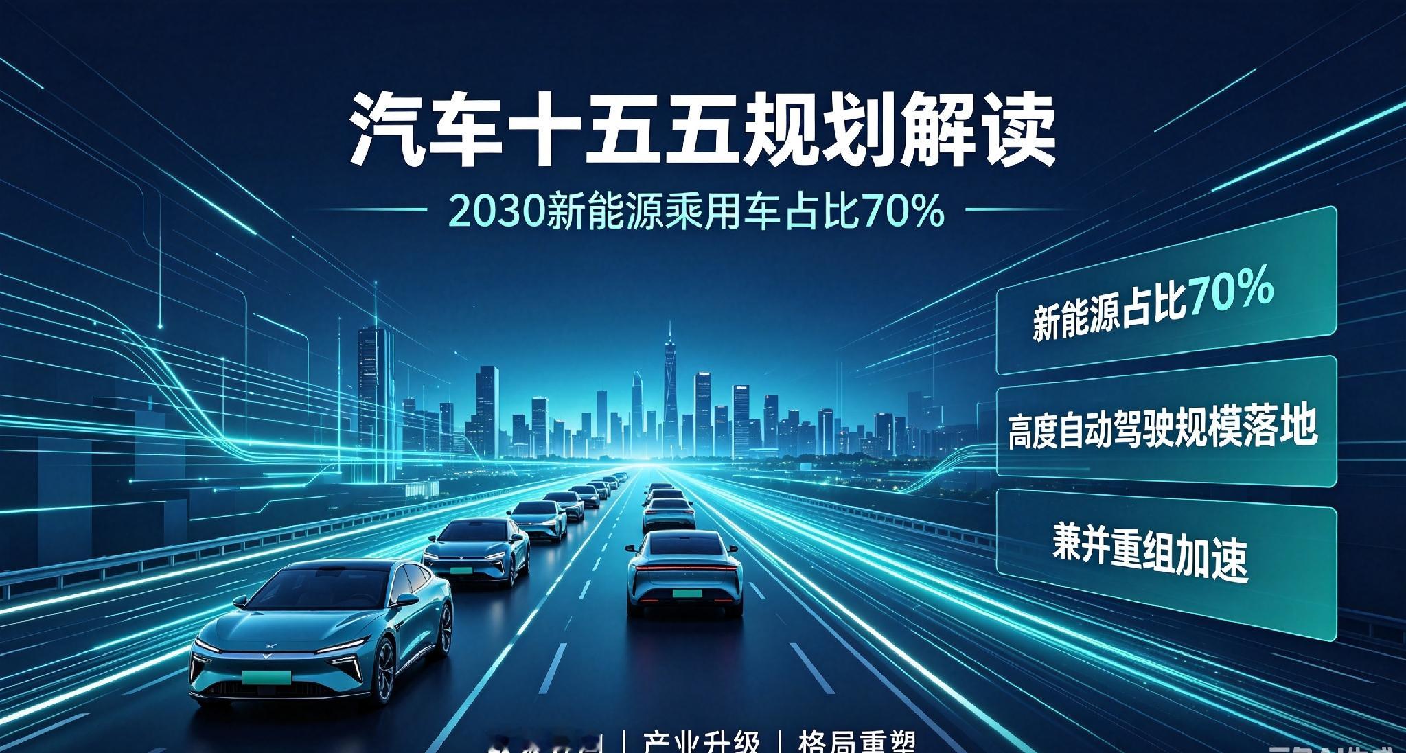 汽车“十五五”规划深度解读：70%渗透率、自动驾驶普及、兼并重组加速，车企与消费者将迎来什么？
 
十五五规划目标 十五五规划行业 汽车产业变迁 新能源车规划 汽车产业生态化 
 
近期九部门联合印发《智能网联新能源汽车产业发展“十五五”规划》，明确2030年核心目标：新能源乘用