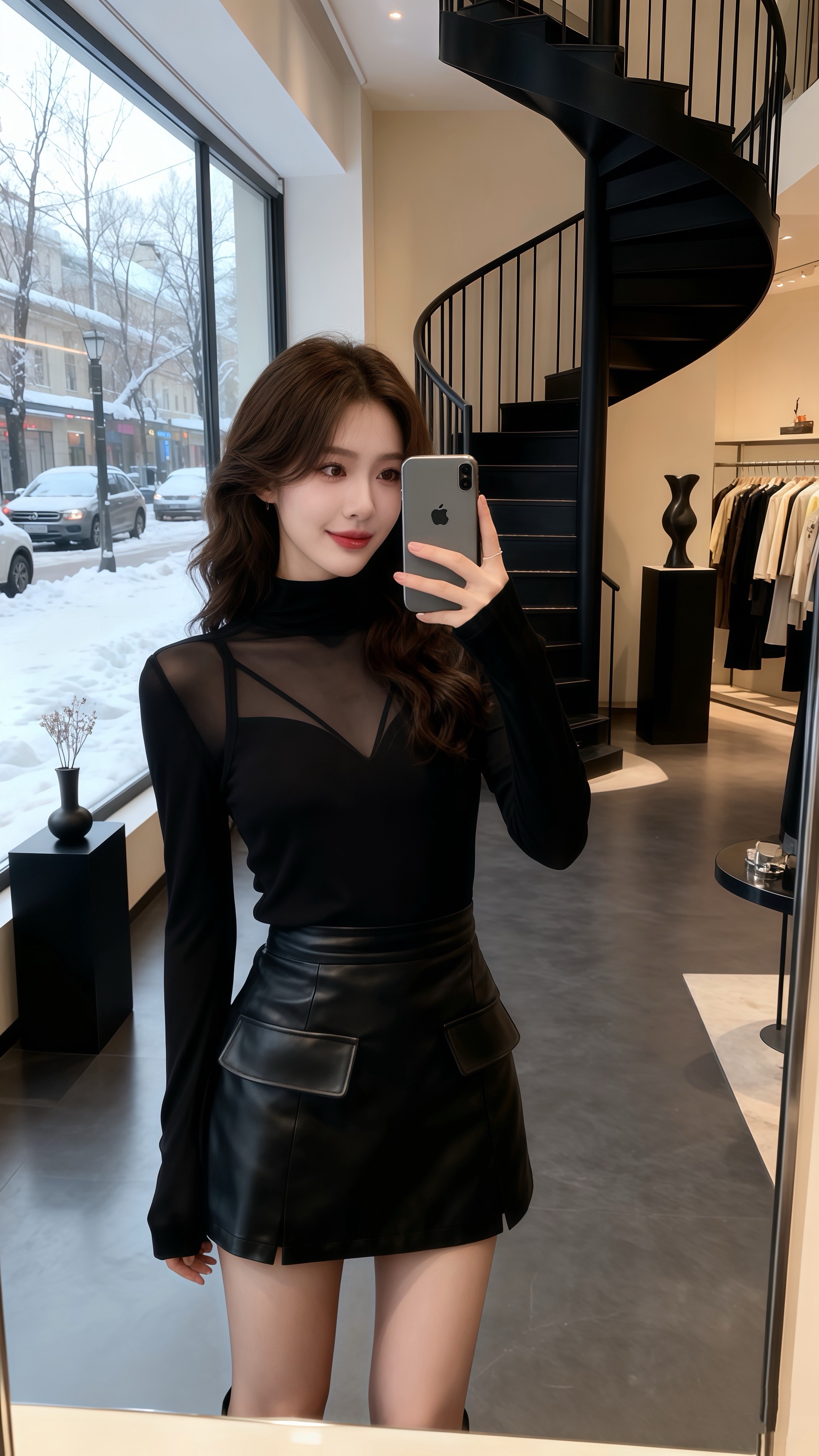 雪天的买手店里，暖光裹着她指尖点向模特身上的黑套装——网纱上衣软而贴...