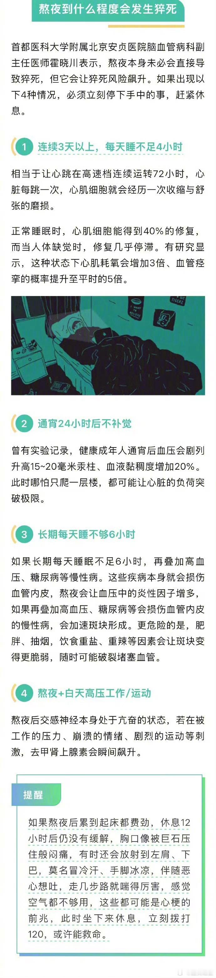 【#医生说熬夜猝死有4条红线#】#熬夜熬到什么程度有猝死风险#熬夜引发的心源性猝死从来不是突然发生的，身体早就用各种方式发出过警告，只是很多人把它们当成了小毛病。其实，熬夜本身通常不会直接导致猝死，但它会让猝死风险飙升，如果出现以下4种情况，必须立刻停下手中的事，赶紧休息。 ​