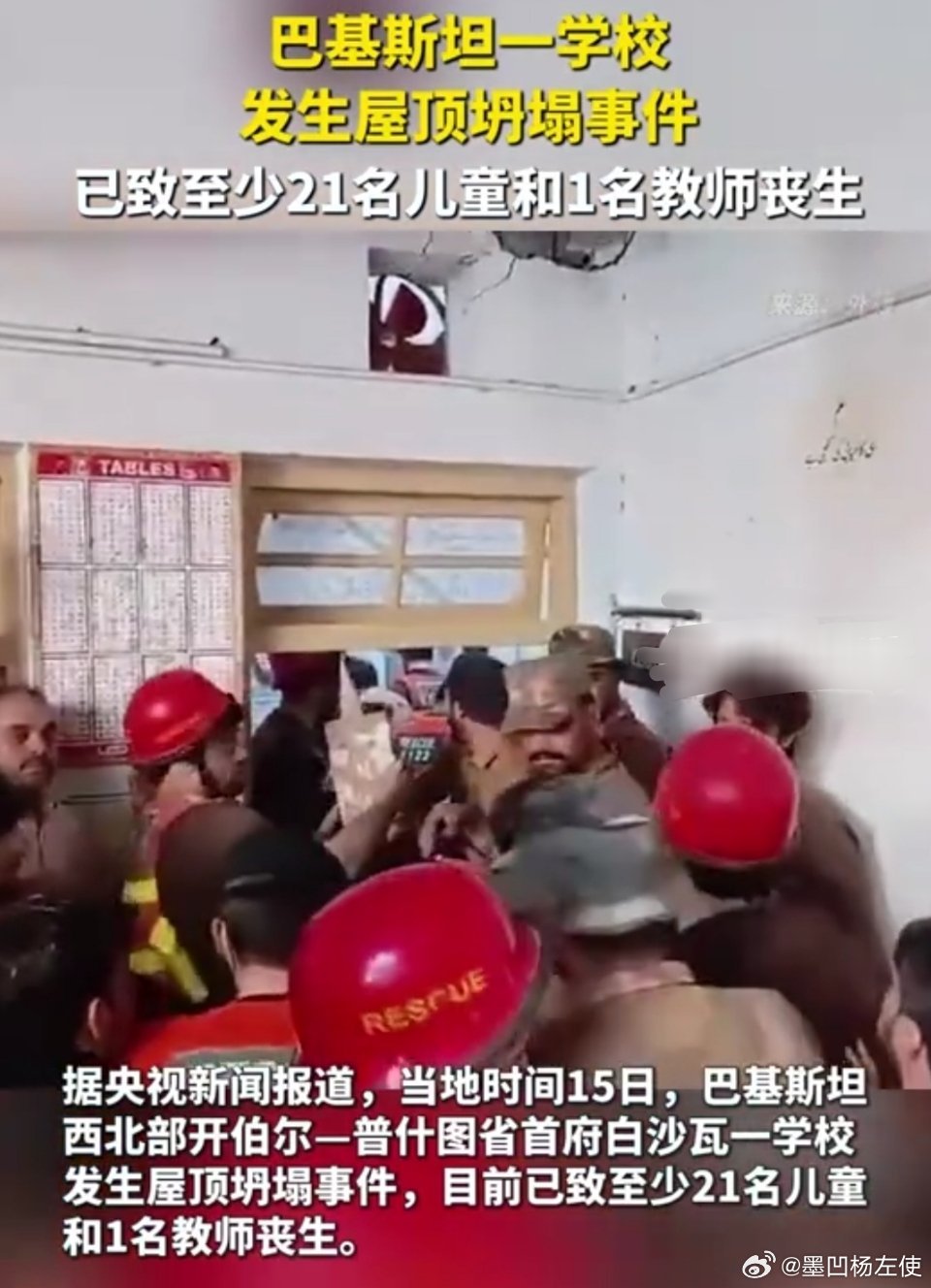 #巴基斯坦学校屋顶坍塌事故已致28死# 当地时间10月15日，巴｜基｜斯｜坦｜西北部白沙瓦学校屋顶坍塌事故已致至少27名儿童和1名教师丧生。
      同日，巴国西北部开伯尔－普什图省首府白沙瓦一家医院发言人说，事故遇难人数升至28人，另有19人受伤。
      救援人员称，屋顶坍塌后，仍有数名儿童被困在 ​