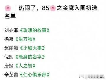 金鹰奖提名名单，85花全部提掉，杨幂、赵丽颖、倪妮、唐嫣、辛芷蕾、任素汐是1988年。