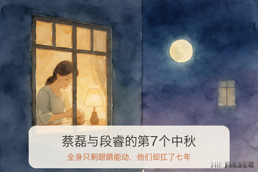 蔡磊与段睿的第7个中秋
七年了。蔡磊全身只剩眼睛能动，靠眼控仪说话，却还在推进近300条药物管线，每晚干到11点以后。
妻子段睿，2022年辞掉会计师事务所的工作，一头扎进直播间，几乎天天忙到凌晨两三点。挣的钱，一分不剩，全投进科研。
第七个中秋，两个人分居两地——他住医院附近，她带着孩子住学校旁边