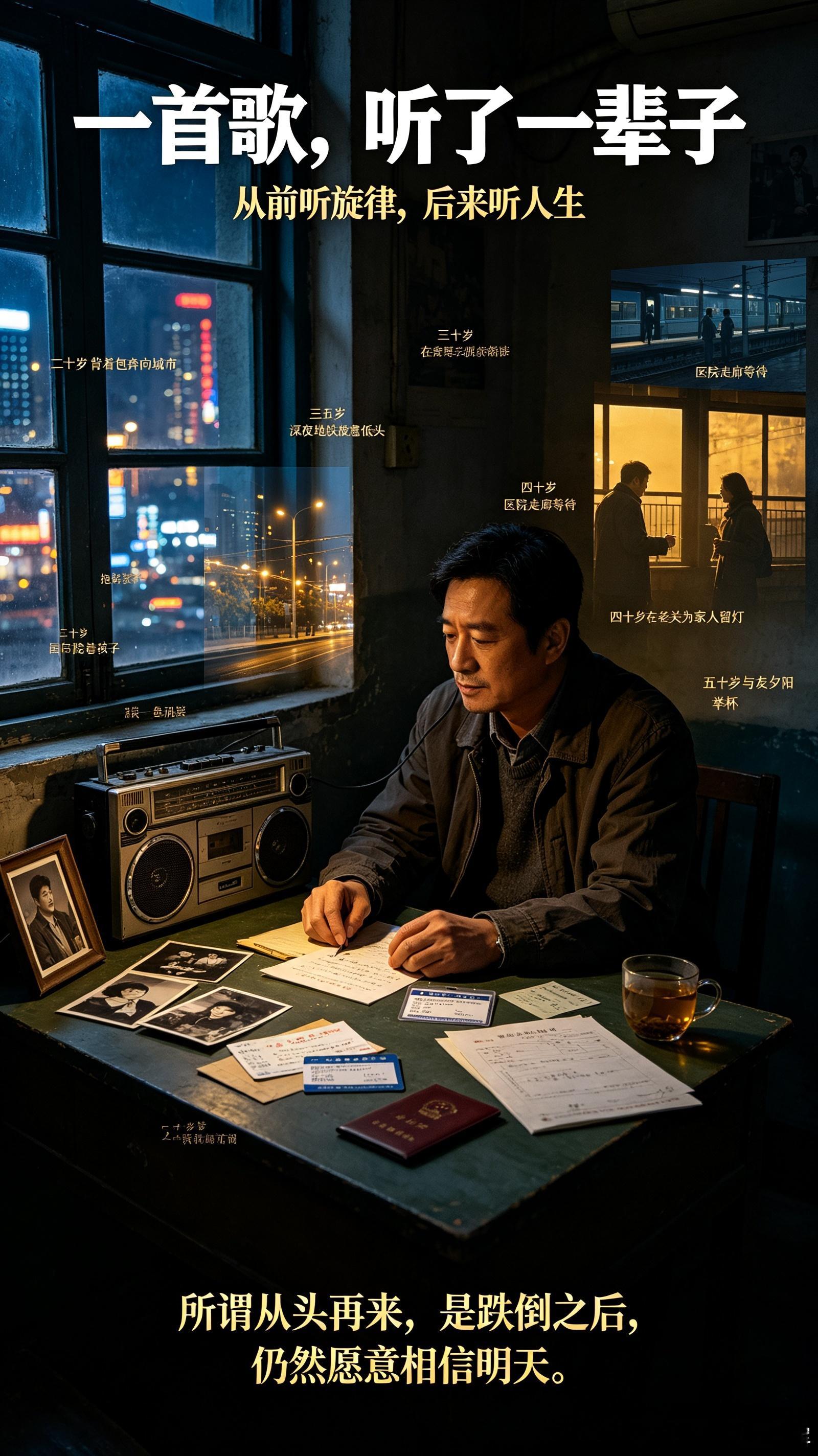 一首歌，能听一辈子吗？刘欢的《从头再来》，这首伴随几代人成长的老歌，现在回头去听，才发现每一句歌词，都是对应人生不同阶段的真实写照，藏着我们半生的风雨与成长。

        二十岁时听《从头再来》，初入世间，满腔热血、意气风发，最入心的是“我不能随波浮沉”。觉得它是一声呐喊，我要把世界 ​