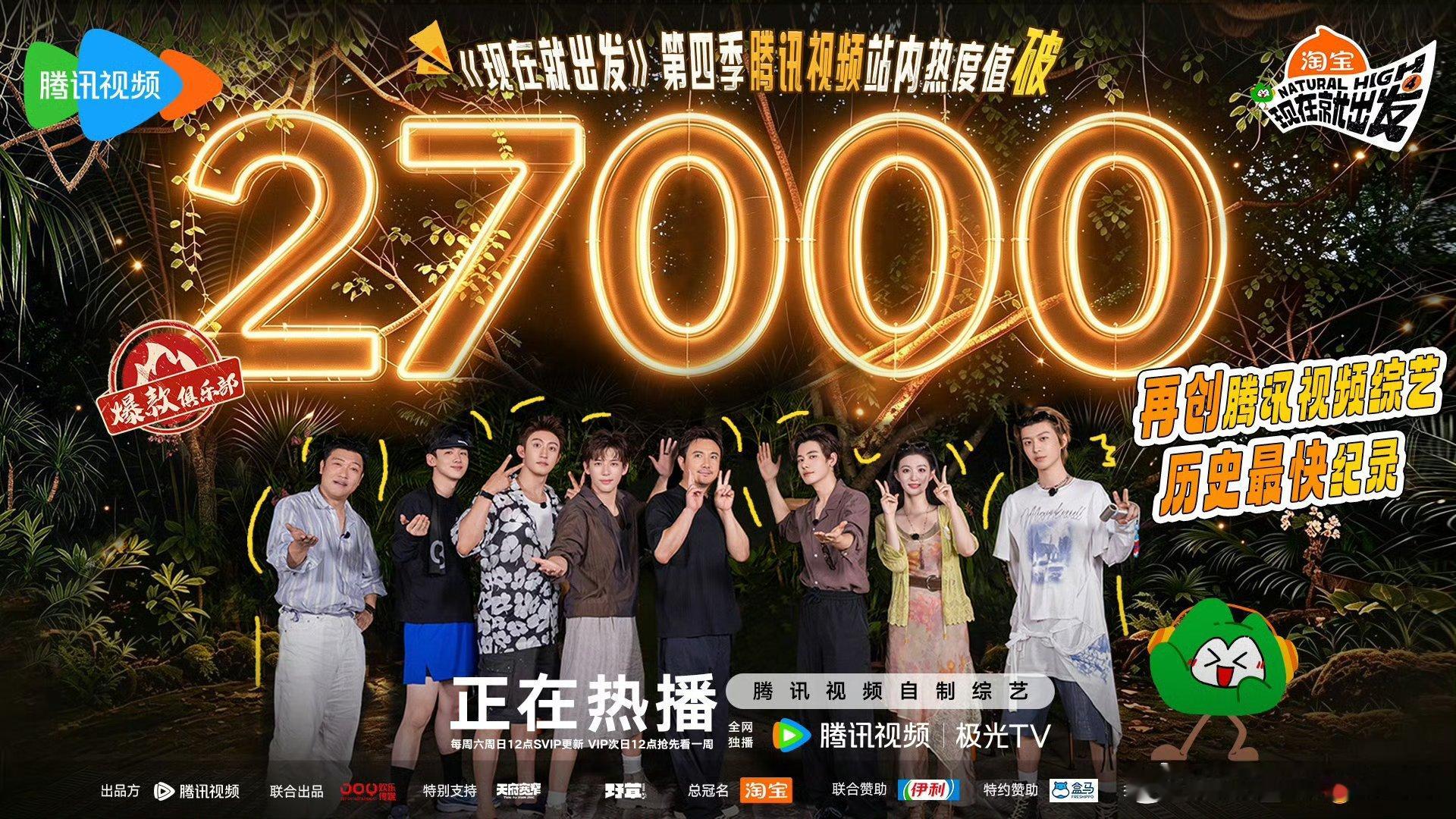 《现在就出发》第四季开播首日热度即破27000，不仅成为腾讯视频综艺历史最快破此热度的节目，更刷新了先导片热度和预约量等多项平台纪录。 ​
