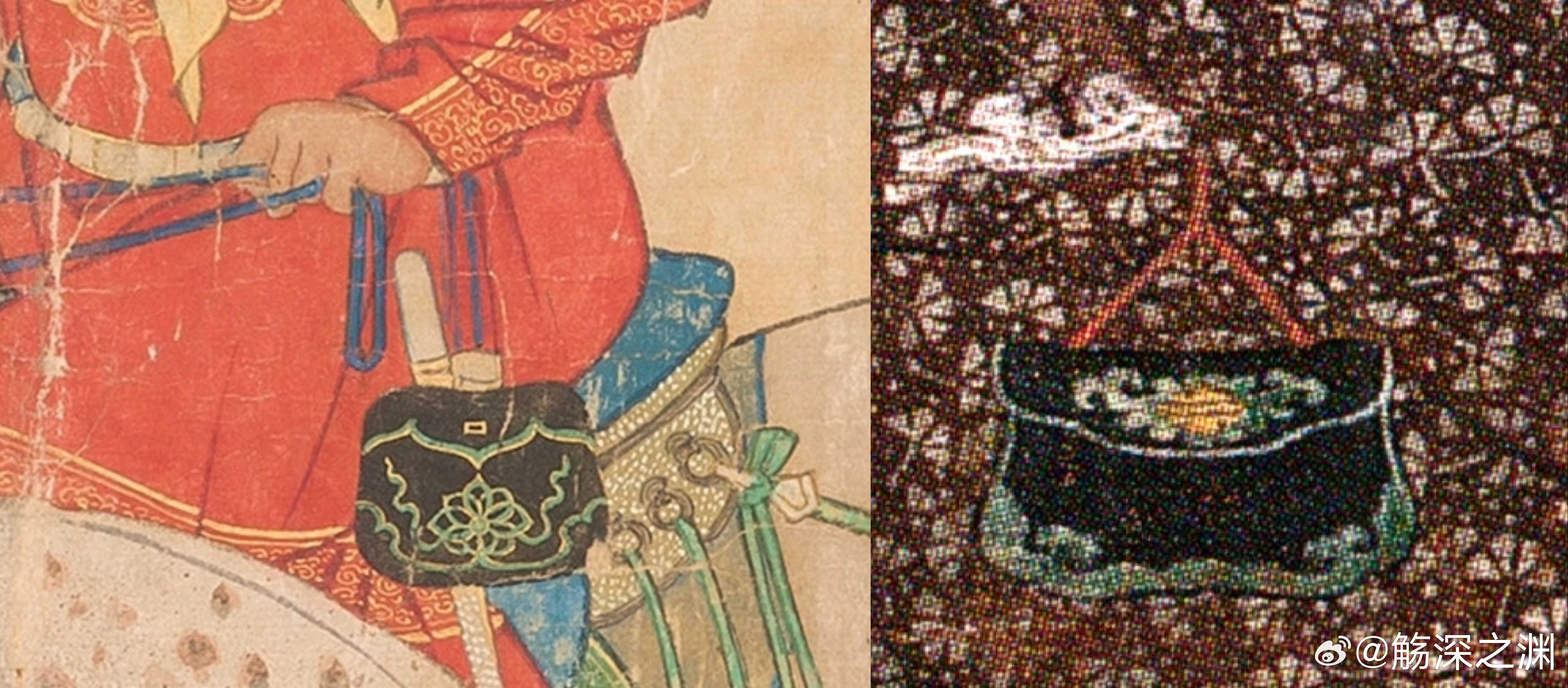 武田信玄有一个明宫相似款荷包。开玩笑，不过武田信玄那款应该是翻盖的，包边的装饰风格确实与明代如意云镶边类似。 ​​​