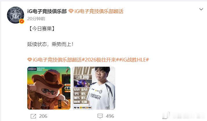 就在刚刚，iG回应战胜HLE：延续状态，乘势而上！

进入2-1组的iG半只脚踏进八强淘汰赛，几家欢喜几家愁，1-2的HLE可惨了，再输就止步16强[皱眉][皱眉]

#iG回应战胜HLE##HLE再输就止步16强##TheShy回应S16焦点战# ​