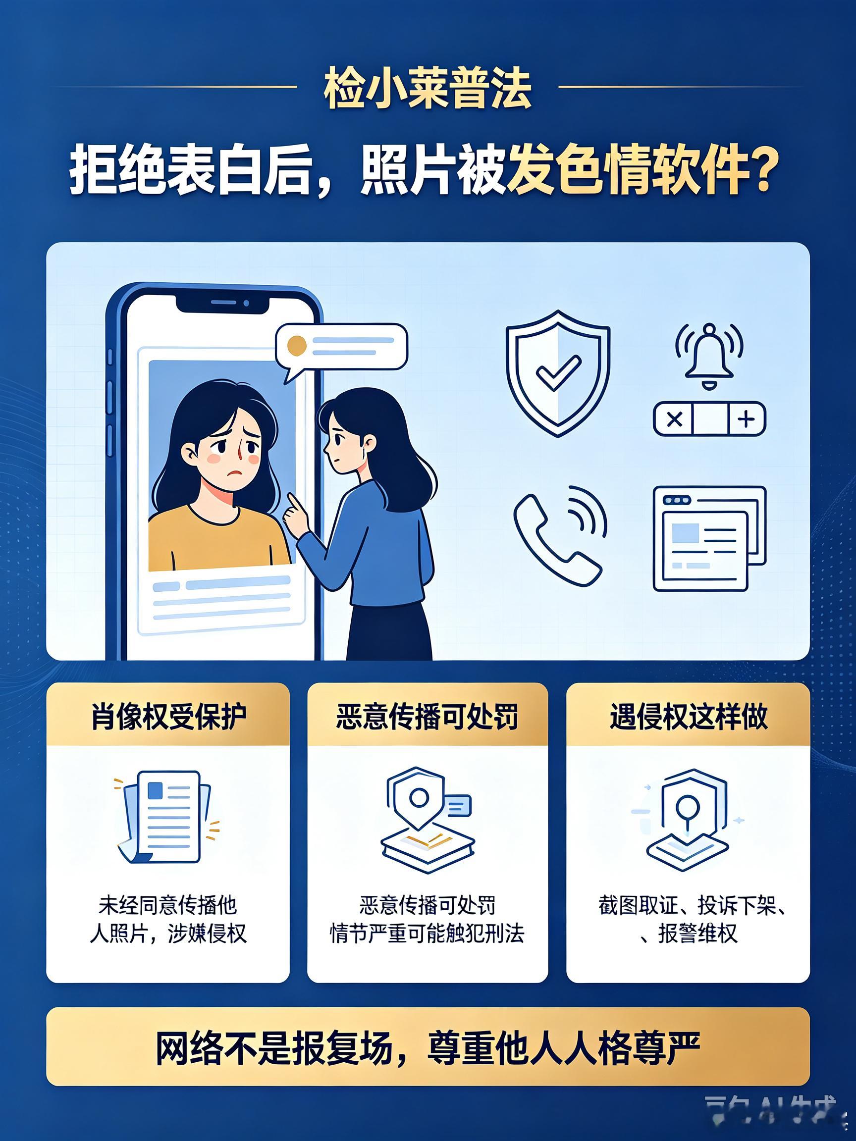 #女生拒绝表白后照片被发在色情软件#近期，女生因拒绝他人表白，个人照片被恶意发布在色情软件并搭配低俗、侮辱性文案的事件引发热议。#检小莱普法# 提醒：网络并非法外之地，此类报复式侵权行为已触碰法律红线。

根据《民法典》规定，自然人依法享有肖像权、名誉权、隐私权。未经本人同意，擅自传播 ​