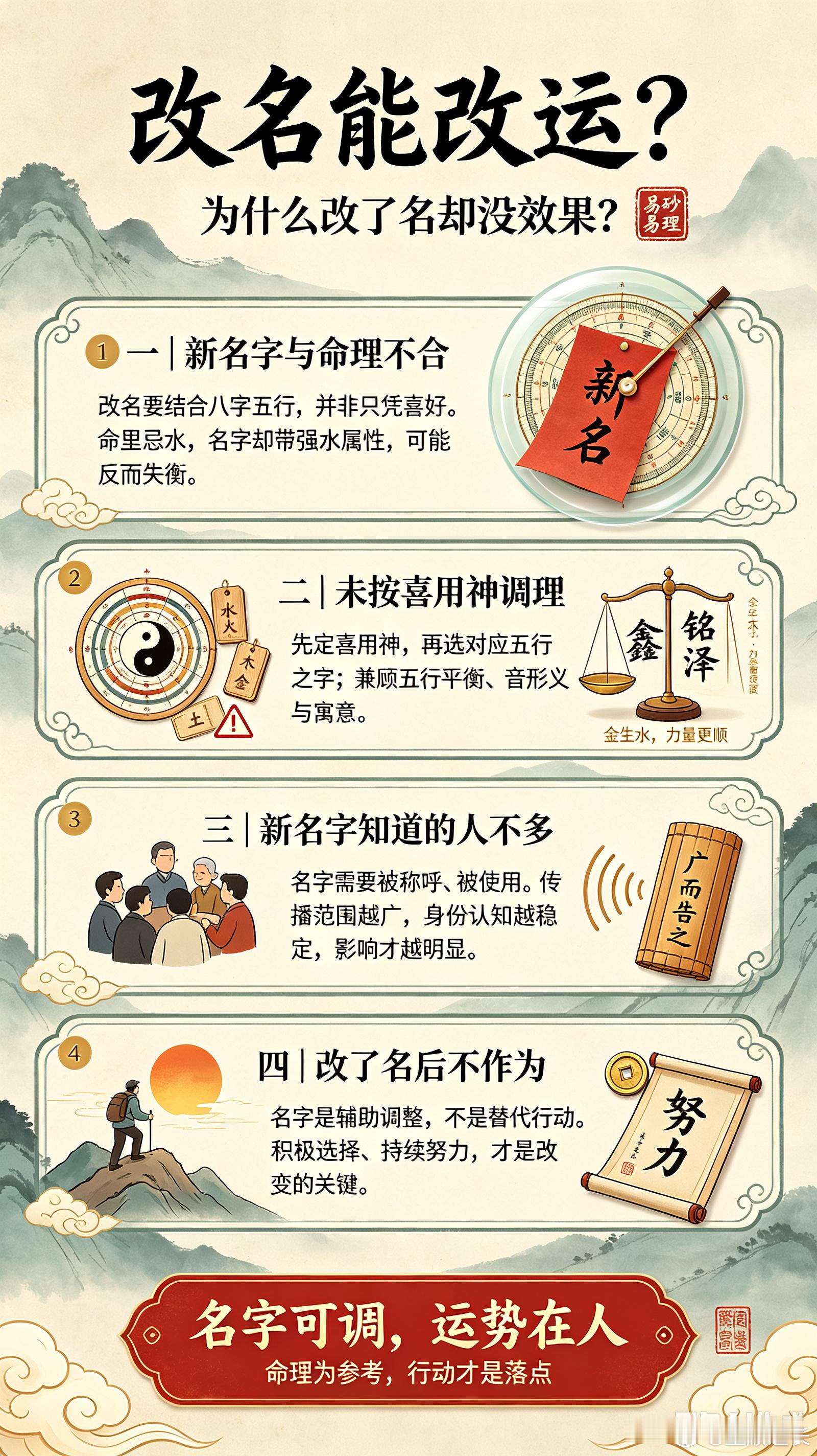 改名能改运？为什么改了名后却没效果？很多人以为改个名字就能转运，但现实往往并非如此。改名后效果不明显，通常离不开以下四个原因。一、新名字与命理不合改名不是随随便便取一个自己喜欢的字就行，而是要根据自己的八字五行来定。比如，你命里忌水，新名字里却带了个五行属水的“波”，那运程自然不会好转，甚至可能更差。二、新名字未按命局喜用神来定改名的核心，是先确定八字喜用神，再选择对应五行的汉字。具体要注意三点：选对五行汉字：根据喜用神的五行属性，挑选字形、字义、音律都合适的字。兼顾五行平衡：避免单一五行过度补充。比如八字喜水，名字全用水属性字，反而容易导致五行失衡。可以通过相生关系搭配，如“金+水”组合（“鑫涵”“铭泽”），金生水，增强喜用神力量。音形义要过关：名字需朗朗上口，避免生僻、拗口或寓意不佳的字。三、新名字知道的人不多改了新名后，一定要广而告之，让身边的朋友都知道，尽量扩大新名字的传播范围。同时，让身边人都喊你的新名字，这样才能真正起作用。如果你没把新名字传播出去，大家对你的印象还是旧...