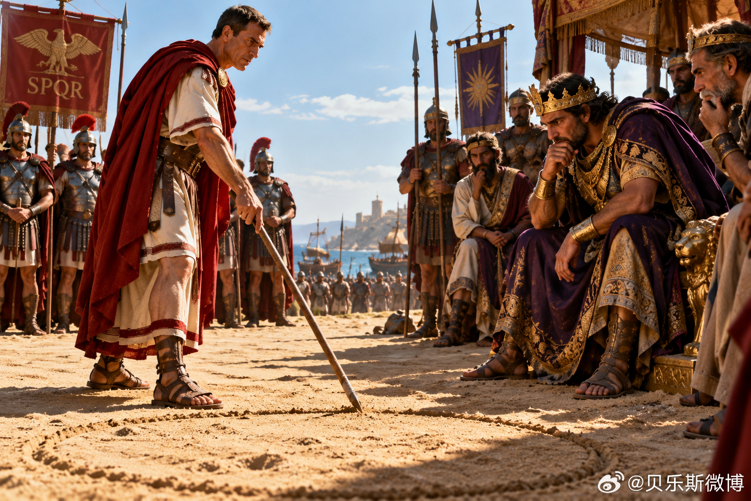 Draw a Line in the Sand

英语中有一个成语：

Draw a line in the sand.

字面意思是：

在沙地上画一条线。

它通常表示：划出不可逾越的界限。

一旦越过这条线，后果就会发生。

这个说法常常让人联想到公元前168年一个著名的历史事件。

当时，《但以理书》中后来反复出现的那个人——塞琉古王安 ​