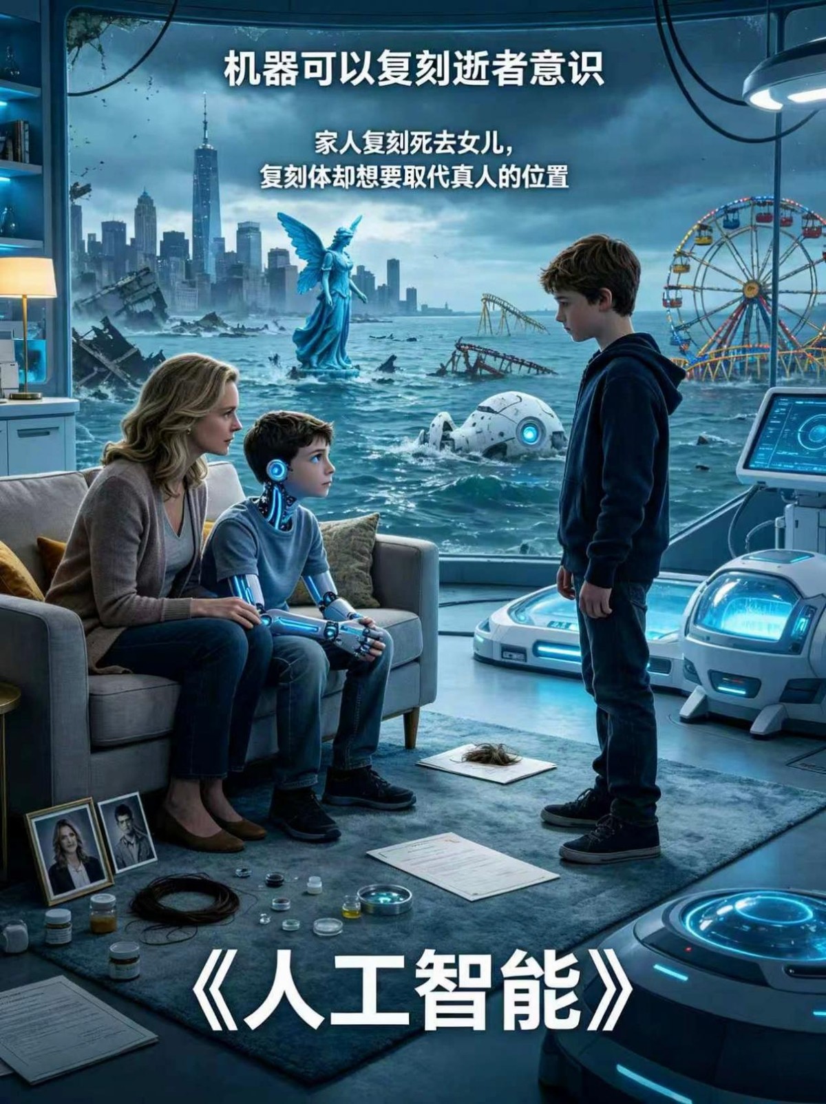 机器复刻的孩子，能取代真人的位置吗？
如果有一天，机器能复刻一个你失去的孩子，让他重新开口叫你“妈妈”，你会按下启动键吗？
2001年，斯皮尔伯格用《人工智能》讲了一个让无数人哭到崩溃的故事——一个被复刻出来的孩子，穷尽一生，只想取代真人的位置。
温室效应失控，海平面吞没城市，人类连生育都要申请执照
